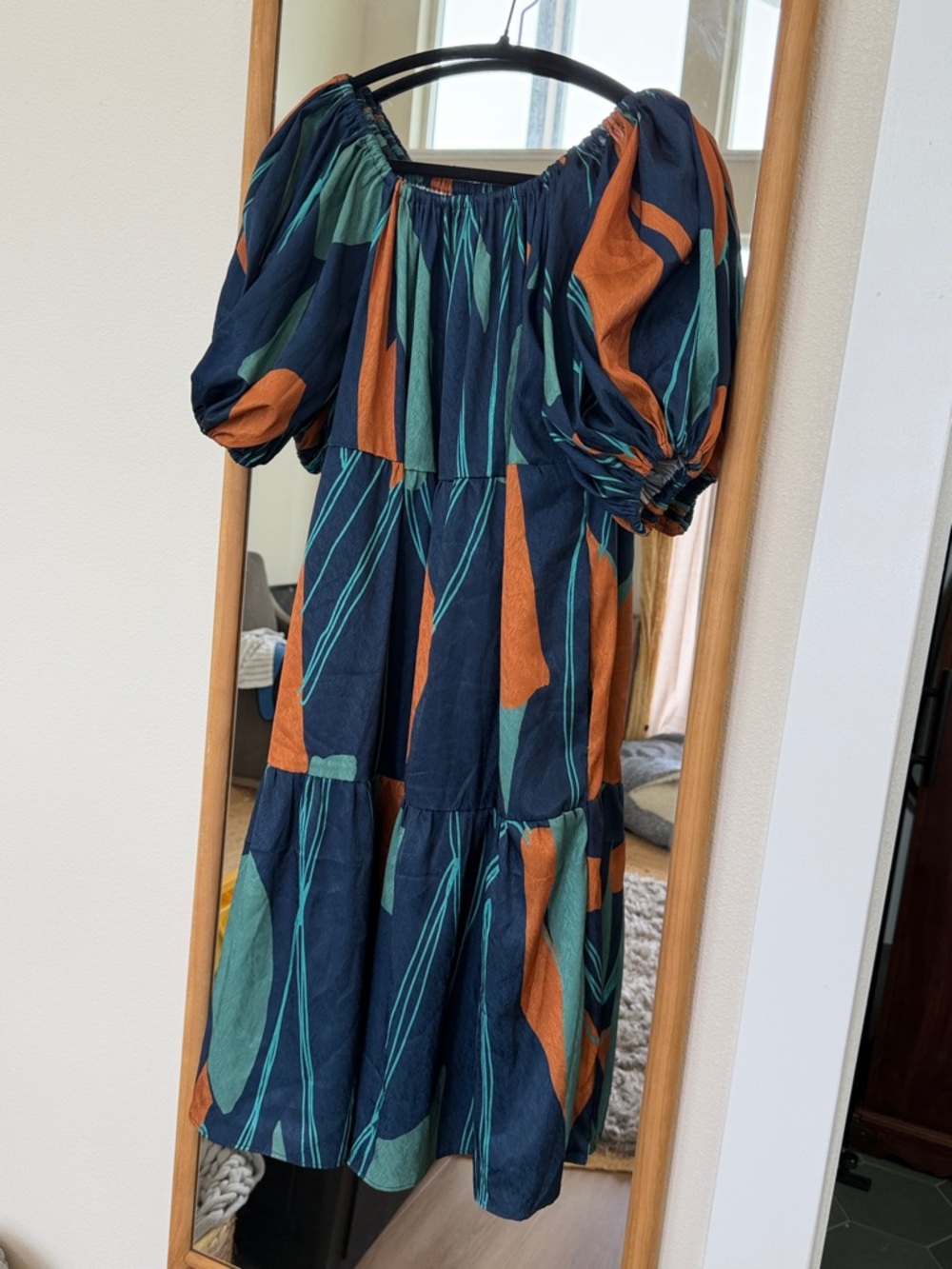 Diarrablu Navy patterned Puff-Sleeve Midi Dress with Teal & Rust Abstract Print